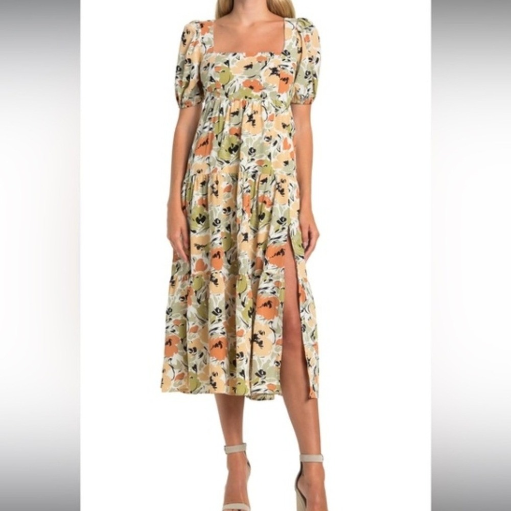 ASTR The Label Rust Sage Floral Tiered Midi Dress Square Neck ADR101172-003